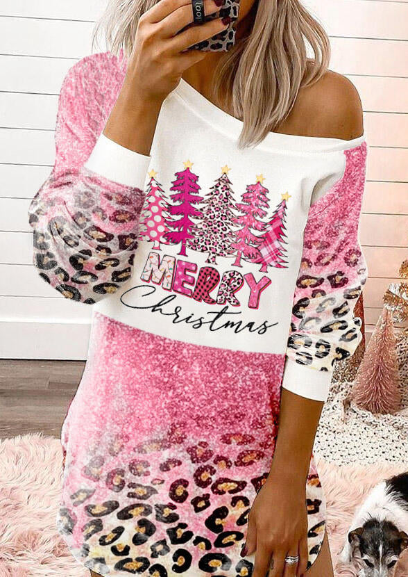 Fröhlicher Weihnachtsbaum Leopard kariertes gebleichtes Minikleid | 50% RABATT